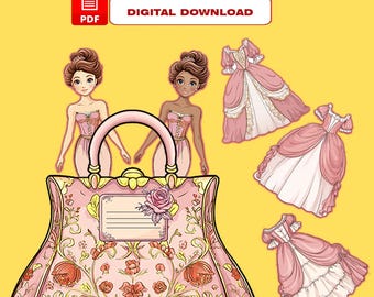 May include: Digital download featuring paper dolls and dresses. The dolls have pink bodices and are standing in front of a pink floral purse. Three pink and white dresses are also included. The words "DIGITAL DOWNLOAD" are in a white box.