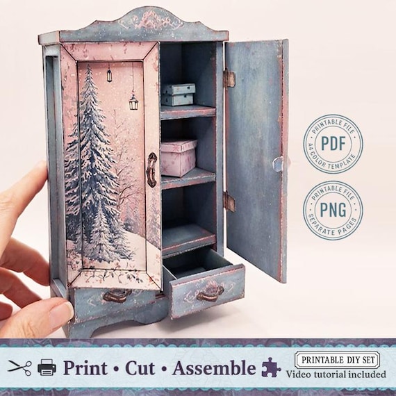3D Paper Winter Wardrobe | DIY Miniature Furniture Template | Vintage Dollhouse Craft, Holiday Decoration