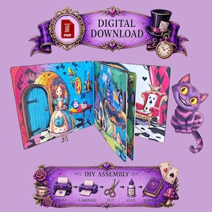 Puede incluir: Ilustración de descarga digital colorida con temática de Alicia en el país de las maravillas. La imagen incluye un libro desplegable, un Gato de Cheshire e instrucciones de montaje. El texto "DESCARGA DIGITAL" está visible.