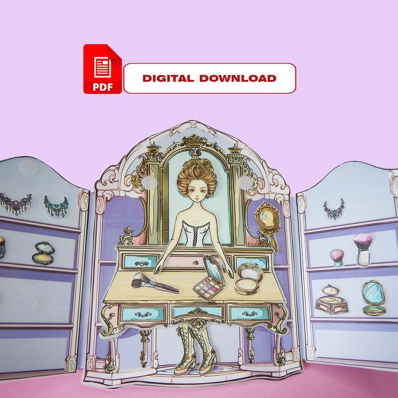 K&ouml;nnte beinhalten: Ein druckbarer PDF-Digitaler Download eines Papierpuppen-Spielsets mit einer Puppe in einem wei&szlig;en Kleid und einem Schminktisch mit Spiegel, Schubladen und Make-up-Accessoires.