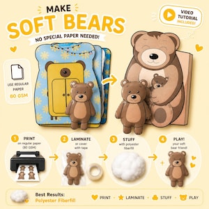 May include: A craft instruction sheet titled MAKE SOFT BEARS NO SPECIAL PAPER NEEDED with a four-step process to print, laminate, stuff with polyester fiberfill, and play with paper bear figures. Includes icons, text, and illustrations of brown bears.