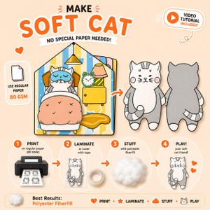 May include: A DIY craft guide titled MAKE SOFT CAT with instructions to print on 80 GSM paper, laminate, stuff with polyester fiberfill, and play. The graphic shows a cartoon cat in bed, a cat cutout, and a four-step process with icons.