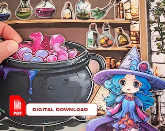 Könnte beinhalten: Ein digitaler Download zum Ausdrucken einer Hexe mit blauen Haaren und einem lila Kleid, die neben einem Kessel mit rosa und lila blubbernder Flüssigkeit steht. Die Hexe trägt einen lila Hut mit einer Blume darauf. Der Hintergrund ist ein Regal mit Flaschen und Büchern.