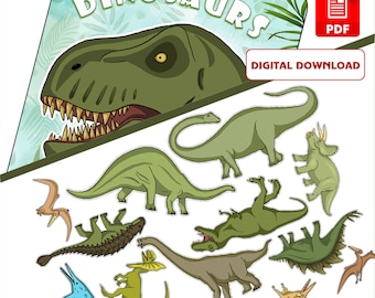 Puede incluir: Una descarga PDF imprimible de un conjunto de 12 ilustraciones de dinosaurios. Las ilustraciones incluyen un Tyrannosaurus Rex, un Brachiosaurus, un Triceratops, un Stegosaurus, un Pterodactyl, y más. Las ilustraciones están en un estilo de dibujos animados y son perfectas para niños.