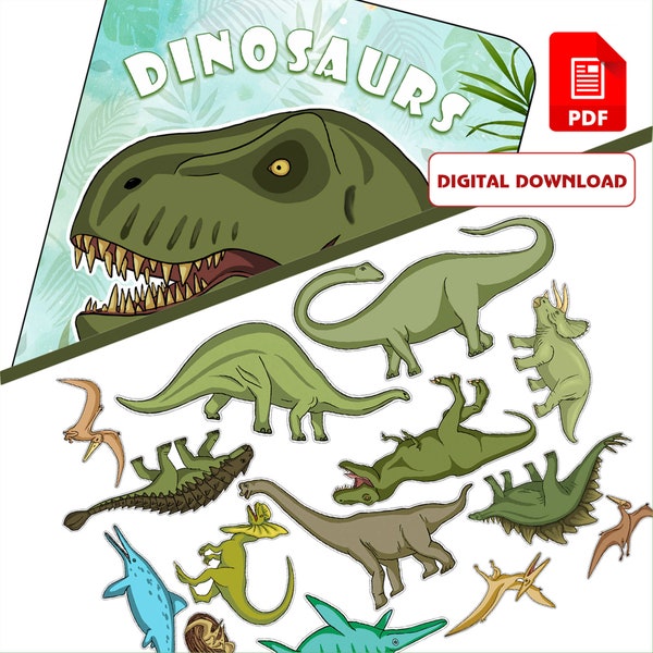 Printable DIY. Paper Dinosaurs. Dinosaurs Game Book. Quiet book. DIY busy book. Cut out paper doll. PDF file. Studying dinosaurs.