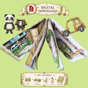 May include: A digital download papercraft kit featuring a panda bear and a bamboo-style vehicle. The kit includes a panda bear figure, clothing, and a detailed interior scene. The text "DIGITAL DOWNLOAD" and "DIY ASSEMBLY" are visible.