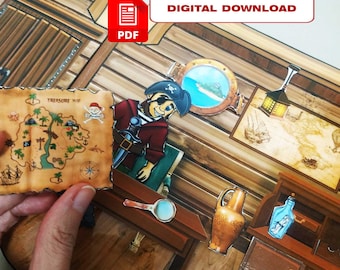 Pirata de papel. Barco pirata imprimible. Libro silencioso. Libro de actividades DIY. Archivo PDF.