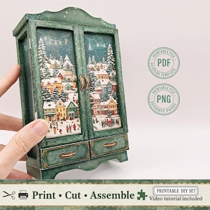 Druckbare Weihnachts Armoire PDF | DIY 3D Papier Möbel Vorlage | Urlaub Miniaturen und Dekor Kit