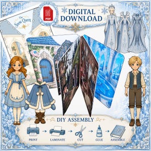May include: A digital download DIY assembly papercraft set featuring illustrations of a snow queen, a castle, and characters. The set includes instructions for printing, laminating, cutting, gluing, and assembling the papercraft. The text "DIGITAL DOWNLOAD" is visible.