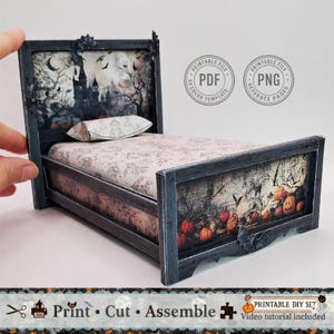 Molde de cama de papel para o Halloween – Móveis em miniatura para artesanato e decoração de casa de bonecas.