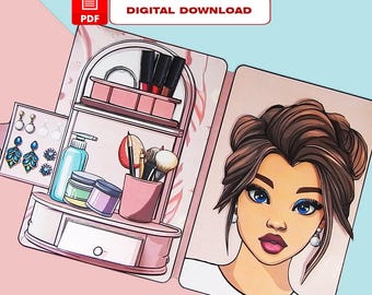 Könnte beinhalten: Ein druckbarer PDF-Digitaler Download einer Schminkkommode mit einem Spiegel, Regalen und Schubladen. Die Kommode ist rosa und weiß mit einem Marmormuster. In der Kommode befinden sich Make-up-Pinsel, Lippenstifte und andere Make-up-Artikel. Es gibt auch einen druckbaren PDF-Digitalen Download eines Frauen Gesichts mit braunen Haaren und blauen Augen. Die Frau trägt Ohrringe. Der Text "DIGITALER DOWNLOAD" ist oben auf dem Bild gedruckt.