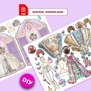 K&ouml;nnte beinhalten: Druckbarer Papierpuppen-Set mit einer Puppe in einem wei&szlig;en Kleid und einer Vielzahl von Outfits, darunter ein blau-wei&szlig;es Kleid, ein rosa-gr&uuml;nes Kleid und eine Vielzahl von Accessoires. Das Set enth&auml;lt auch eine Ankleide-Kulisse.