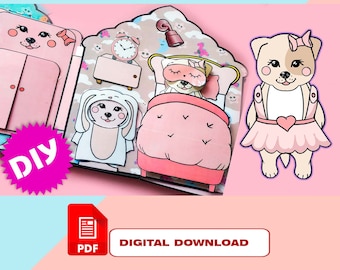 Puede incluir: Manualidad de papel imprimible DIY de un perro con un vestido rosa durmiendo en una cama rosa. La manualidad incluye una cómoda rosa, un reloj y una luz de noche. El texto "DIY" y "DESCARGA DIGITAL" son visibles en la imagen.