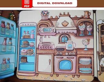 May include: A colourful illustration of a kitchen with a blue fridge, a pink stove, and a brown cupboard. The fridge is open and filled with pastries and desserts. The stove has a window and a pink oven door. The cupboard has shelves with plates and bowls.