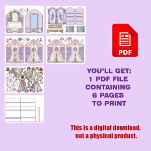 K&ouml;nnte beinhalten: Druckbarer PDF-Schnittmuster f&uuml;r eine Papierpuppe mit einem lila-wei&szlig;en Kleid, einem passenden Hut und einem Schminktisch mit Spiegel und Kommode. Das Schnittmuster umfasst sechs Seiten zum Ausdrucken.