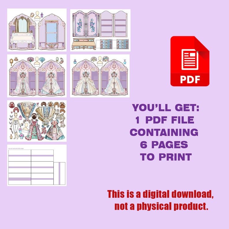 K&ouml;nnte beinhalten: Druckbarer PDF-Schnittmuster f&uuml;r eine Papierpuppe mit einem lila-wei&szlig;en Kleid, einem passenden Hut und einem Schminktisch mit Spiegel und Kommode. Das Schnittmuster umfasst sechs Seiten zum Ausdrucken.