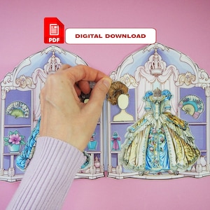 K&ouml;nnte beinhalten: Ein druckbares Papierpuppen-Set mit einer Ankleidepuppe und einer Vielzahl von Kleidungsst&uuml;cken und Accessoires. Die Puppe tr&auml;gt ein blaues und gelbes Kleid mit floralen Akzenten. Das Set enth&auml;lt eine Vielzahl von Accessoires, darunter einen F&auml;cher, einen Hut und eine Per&uuml;cke. Das Papierpuppen-Set ist f&uuml;r Kinder zum Spielen und zum Erstellen eigener Geschichten konzipiert.