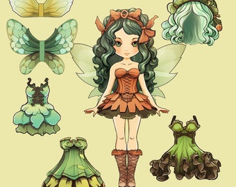 Könnte beinhalten: Papierpuppe-Set mit einer grünhaarigen Fee mit einem orange-braunen Kleid, Flügeln und einem grünen Hut. Das Set enthält austauschbare Outfits und Accessoires.