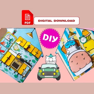 May include: Printable DIY papercraft house with three rooms: a kitchen, a bedroom, and a car. The house is decorated with a cat theme and features a cat in each room. The text "DIY" and "DIGITAL DOWNLOAD" is visible on the image.