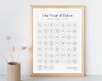 Affiche numérique "One Year of Dates" - 52 idées de rendez-vous à colorier - cadeau de dernière minute pour petit ami, petite amie, partenaire (anglais)