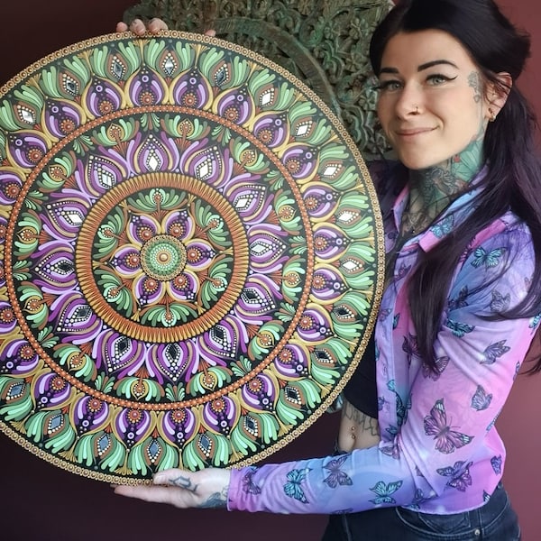 Mandala handgemaakt hout paars groen spiegeltjes verf meditatie spiritualiteit muur schilderij decoratie