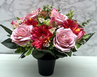 Artificial Silk Flowers Florist Arranged Mixed Pink Rose, Allium and Gerbera Deluxe Grave Pot Arrangement