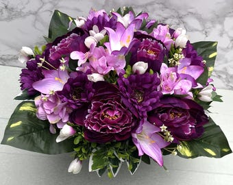 Artificial Silk Flowers Florist Arranged Magenta and Mauve Peony Lily Gerbera & Hydrangea Deluxe Grave Pot Arrangement