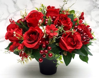 Artificial Silk Flowers Florist Arranged 12 Large Red Rose & Burgundy Holly Berry Deluxe Christmas Grave Pot Arrangement