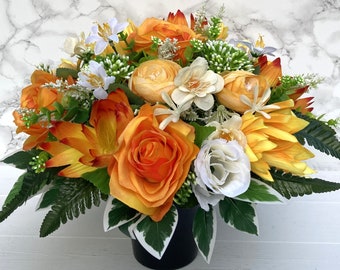 Artificial Silk Flowers Florist Arranged Orange Gold and Ivory Dahlia Rose Ranunculus and Allium Deluxe Grave Pot Arrangement