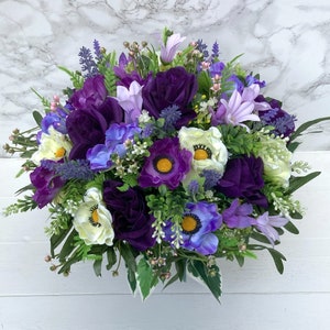 Artificial Silk Flowers Florist Arranged Lilac Purple & Ivory Anemone Rose and Lavender Deluxe Grave Pot Arrangement