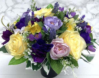 Artificial Silk Flowers Florist Arranged Spring Lemon Purple & Lilac Rose Peony Narcissus Alstroemeria Deluxe Grave Pot Arrangement