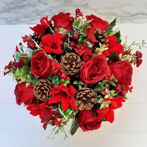 Artificial Silk Flowers Florist Arranged Large Red Rose Poinsettia & Holly Berry Deluxe Traditional Christmas Grave Pot Arrangement image 3