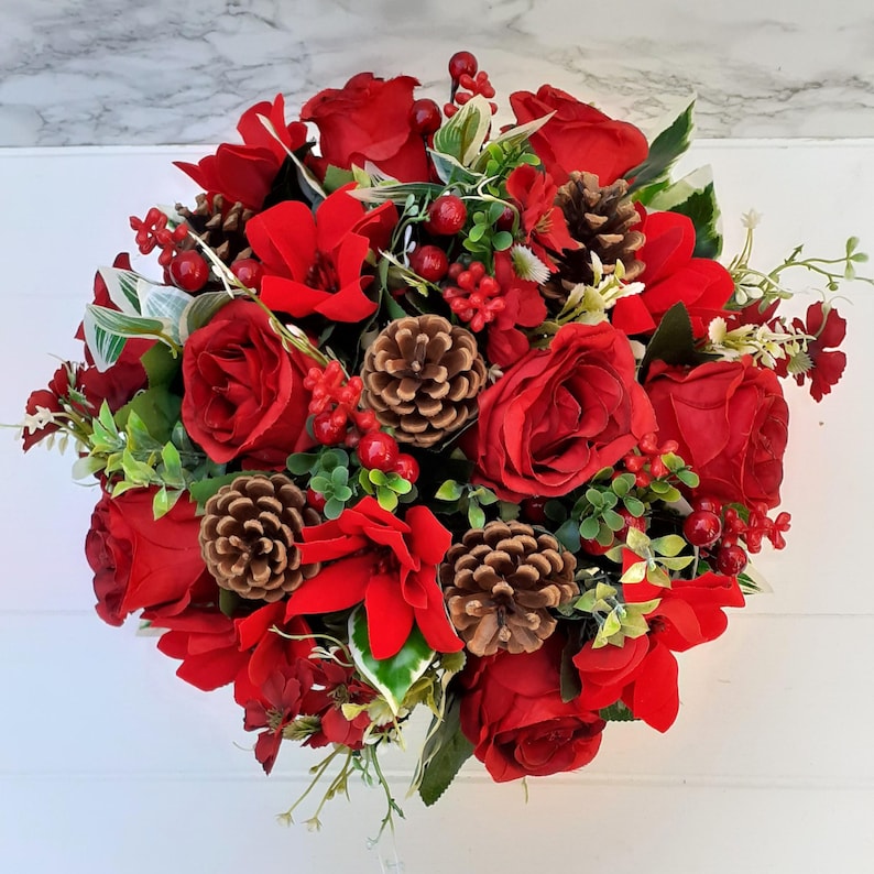 Artificial Silk Flowers Florist Arranged Large Red Rose Poinsettia & Holly Berry Deluxe Traditional Christmas Grave Pot Arrangement image 3