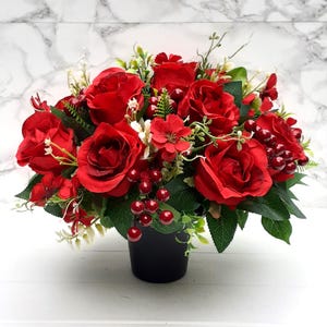 Artificial Silk Flowers Florist Arranged 12 Large Red Rose & Burgundy Holly Berry Deluxe Christmas Grave Pot Arrangement