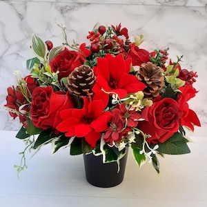 Artificial Silk Flowers Florist Arranged Large Red Rose Poinsettia & Holly Berry Deluxe Traditional Christmas Grave Pot Arrangement