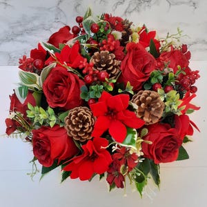 Artificial Silk Flowers Florist Arranged Large Red Rose Poinsettia & Holly Berry Deluxe Traditional Christmas Grave Pot Arrangement image 4