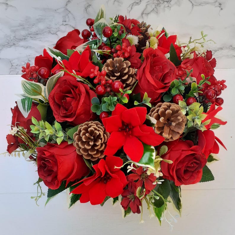 Artificial Silk Flowers Florist Arranged Large Red Rose Poinsettia & Holly Berry Deluxe Traditional Christmas Grave Pot Arrangement image 4