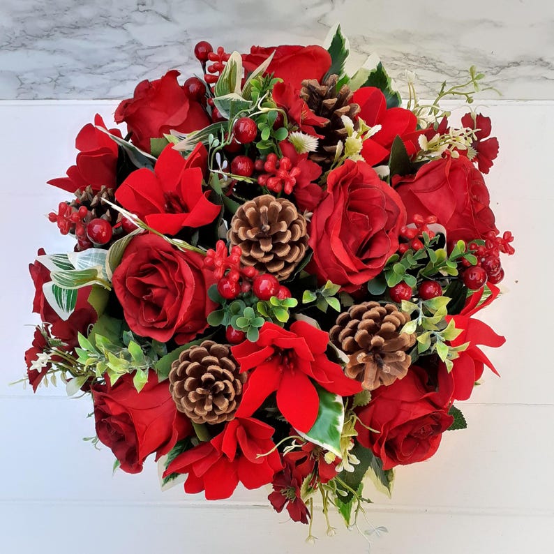 Artificial Silk Flowers Florist Arranged Large Red Rose Poinsettia & Holly Berry Deluxe Traditional Christmas Grave Pot Arrangement image 5