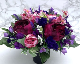Artificial Silk Flowers Florist Arranged Magenta Pink & Purple Peony Hydrangea and Rose Deluxe Grave Pot Arrangement