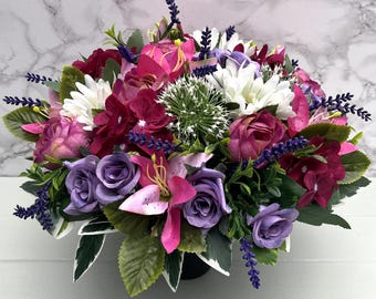Artificial Silk Flowers Florist Arranged Dusky Mauve Pink Lilac & Ivory Peony Rose Gerbera and Hydrangea Deluxe Grave Pot Arrangement