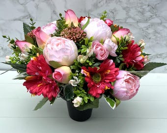 Artificial Silk Flowers Florist Arranged Mixed Pink Rose Bud, Peony, Allium and Gerbera Deluxe Grave Pot Arrangement