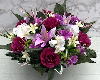 Artificial Silk Flowers Florist Arranged Wine, Mauve & Magenta Rose Lily, Mini Gerbera and Hydrangea Grave Pot Arrangement