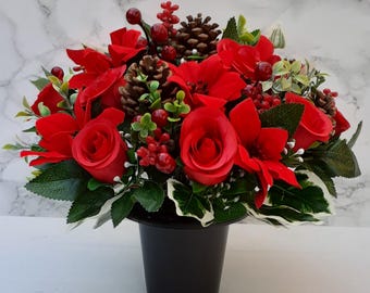 Artificial Silk Flowers Florist Arranged Red Rose Bud Poinsettia & Holly Berry Traditional Christmas Grave Pot Arrangement