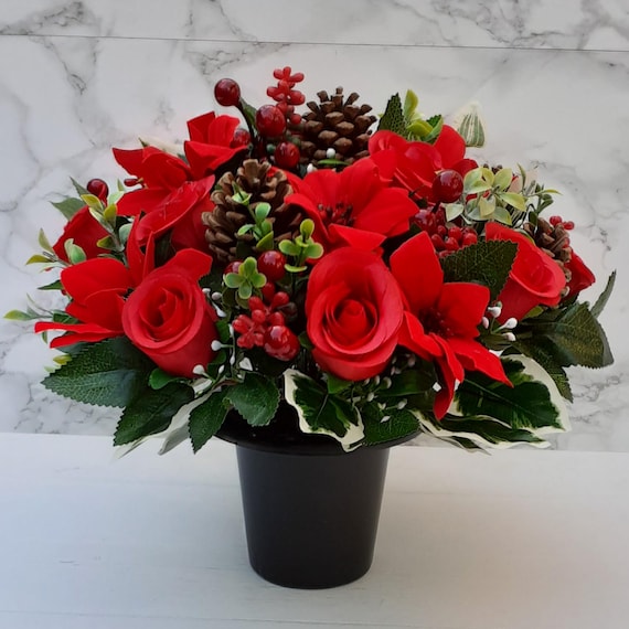 Artificial Silk Flowers Florist Arranged Red Rose Bud Poinsettia & Holly Berry Traditional Christmas Grave Pot Arrangement
