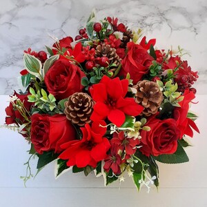 Artificial Silk Flowers Florist Arranged Large Red Rose Poinsettia & Holly Berry Deluxe Traditional Christmas Grave Pot Arrangement image 2
