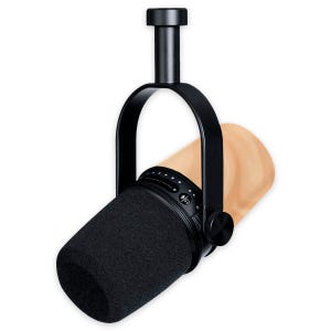 May include: A black professional microphone with a black foam windscreen. The microphone is suspended by a black metal frame. The microphone has a black adjustable dial and a black knob. The microphone is designed for recording and broadcasting.