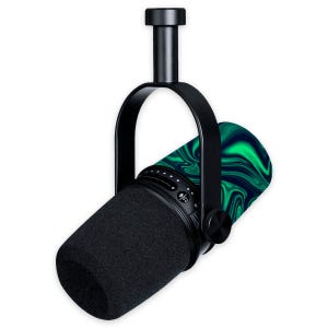 May include: A black professional microphone with a black foam windscreen. The microphone has a green and blue marbled pattern on the back and is suspended by a black bracket.