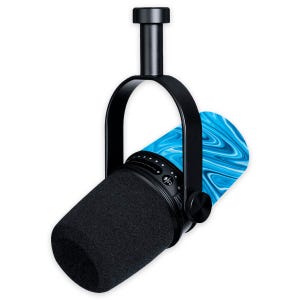 May include: A black professional microphone with a black foam windscreen. The microphone is suspended by a black metal frame and has a blue and white marbled design on the back. The microphone is designed for recording.