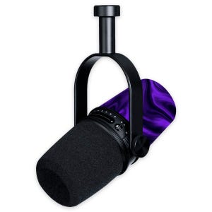May include: A black professional microphone with a black foam windscreen. The microphone has a purple and black marbled design on the back and is suspended by a black metal frame.
