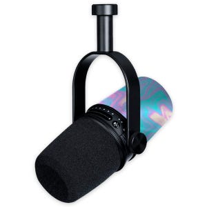 May include: A black studio microphone with a black foam windscreen. The microphone has a colorful, swirling pattern on the body. It is suspended from a black bracket.